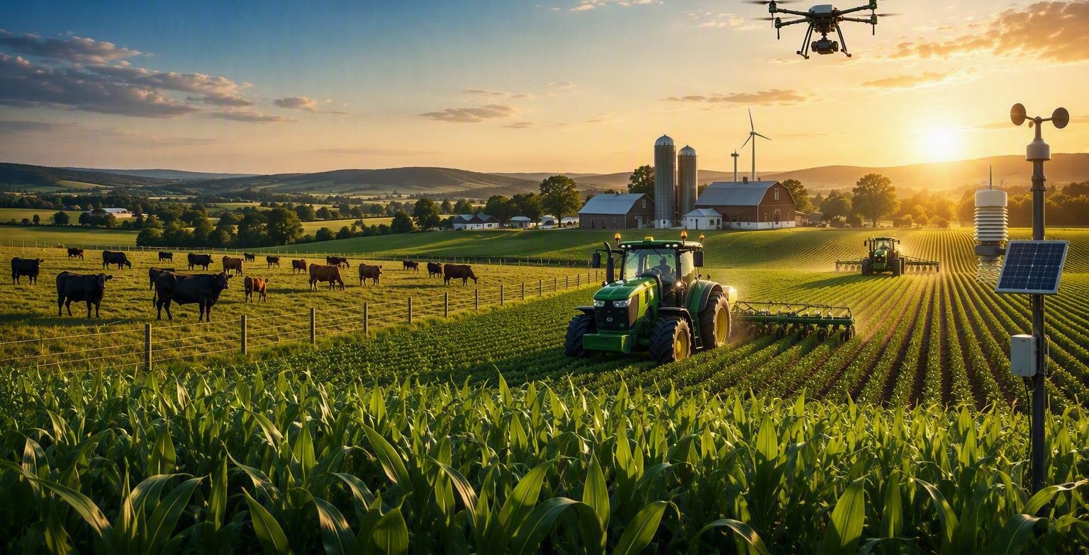 A connected farm at sunrise — fields, livestock, machinery and sensors all feeding into AgriSync