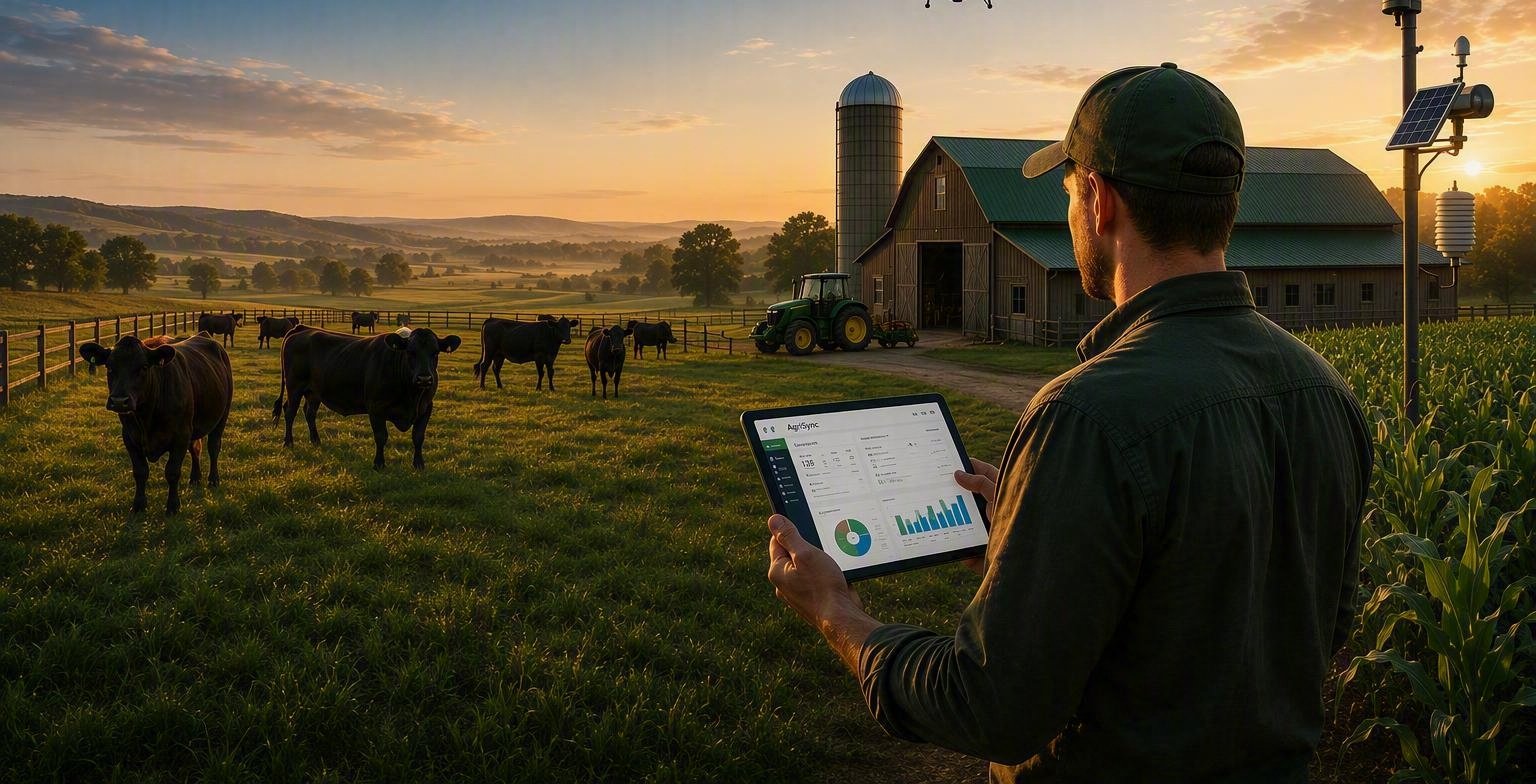 A farmer checking AgriSync on a tablet in the field at sunrise